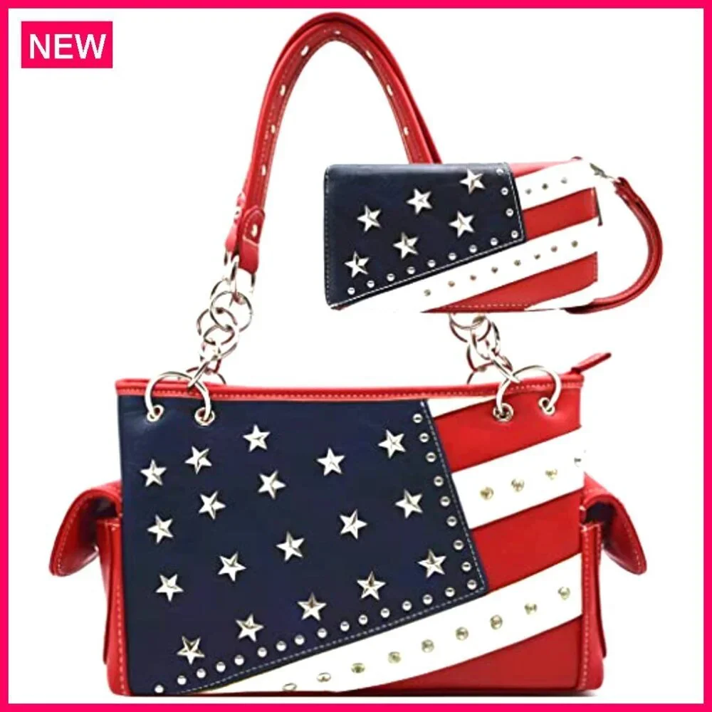 Patriotic Leather Shoulder Bag with Wallet Set, Top Handle Design
